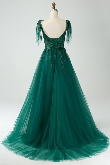 Mørkegrøn A-Line Spaghetti Straps Tulle Lang Prom Kjole med perler